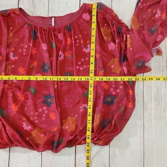 Free People Wildflower Honey Floral Stretch Mesh Blouson Ruffle Top S - Picture 12 of 13